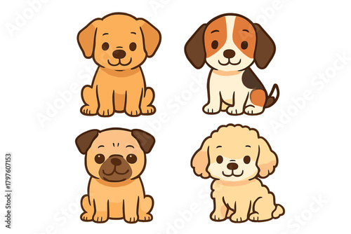 Adorable cartoon collection featuring four different breeds of sitting puppies on a white background
