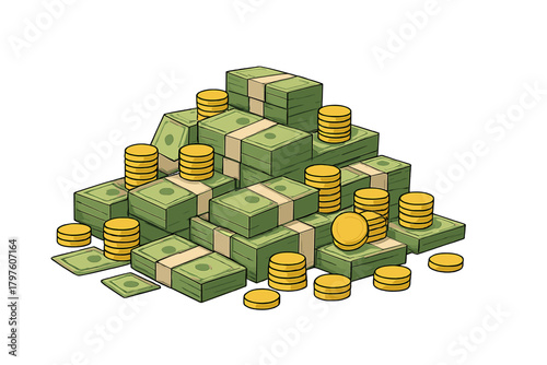 Huge pile of bundled cash banknotes and stacked gold coins representing wealth and success