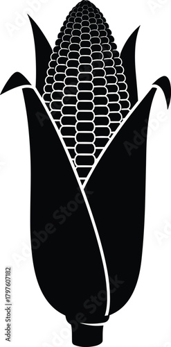 Black and white graphic illustration of a corn cob with husks maize grain
