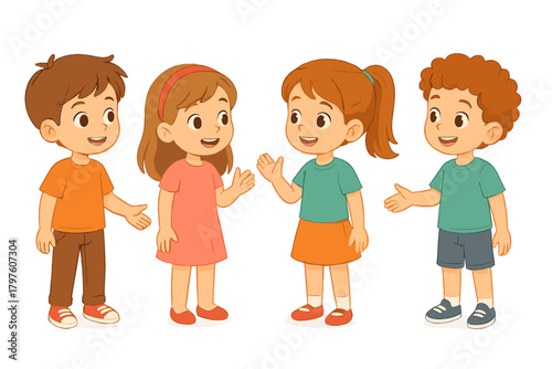 Diverse group of happy young children standing together, smiling, and greeting each other