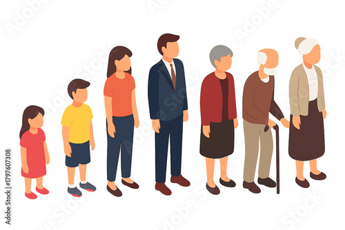 Isometric depiction of six people showing the stages of human life and the aging process