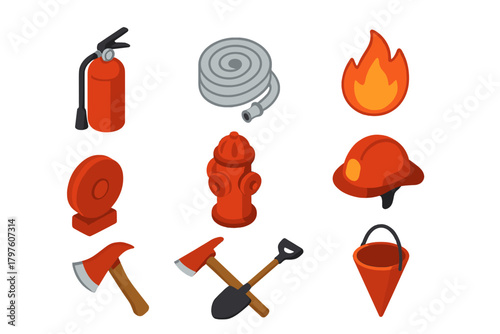 Isometric icons set of essential firefighting equipment and rescue tools