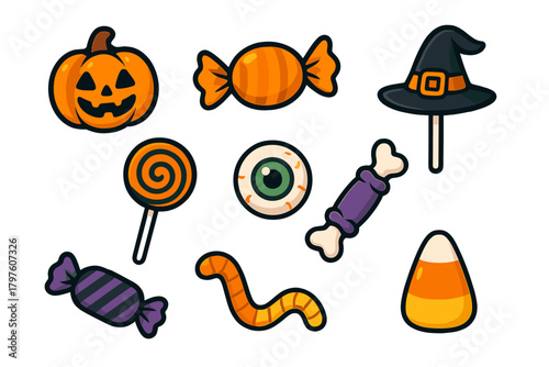 Spooky Halloween sweets set with pumpkin, witch hat, candy corn, and lollipop