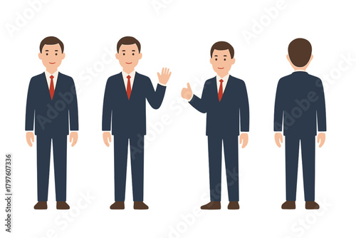 Professional businessman standing in a dark suit and red tie, shown in four poses