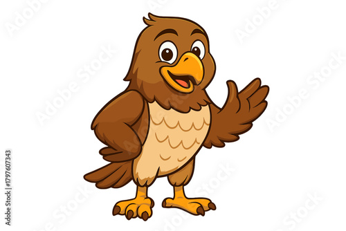 Friendly cartoon hawk mascot standing and presenting with a cheerful expression
