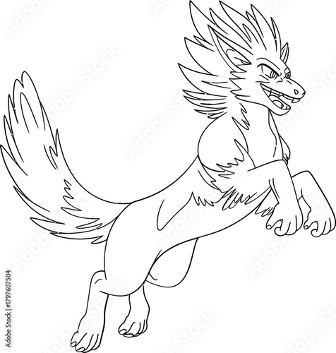 Energetic line art depiction of a mythical beast leaping with joyful exuberance