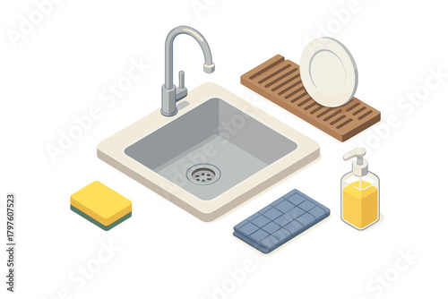 Modern kitchen sink and faucet with dishwashing accessories including soap, sponge, and drying rack