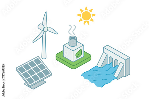 Isometric set of sustainable energy icons: solar, wind, hydro, and geothermal power plants