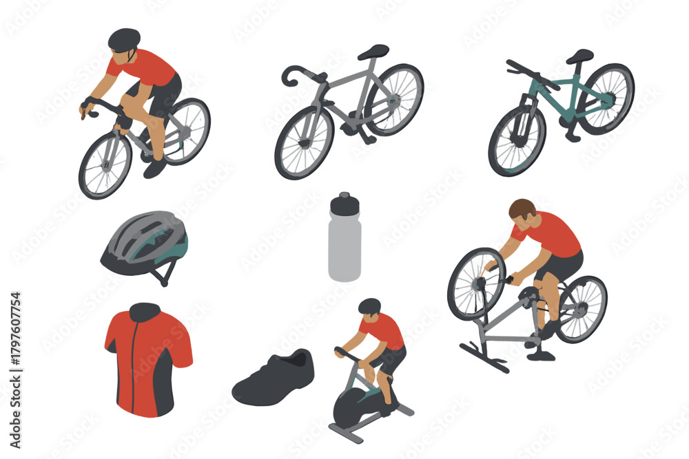 Naklejka premium Isometric set of cycling activities, bicycles, cyclists, and essential sports gear