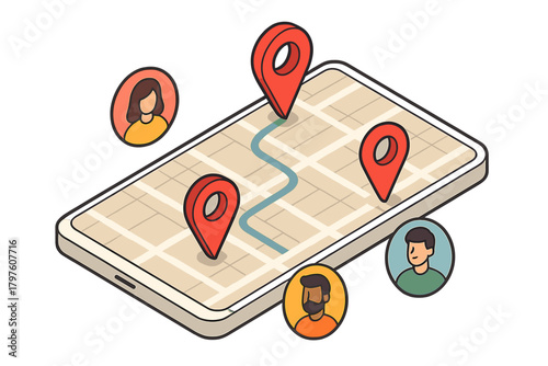 Isometric smartphone showing navigation map route with location pins and user profile icons for delivery or ride sharing service