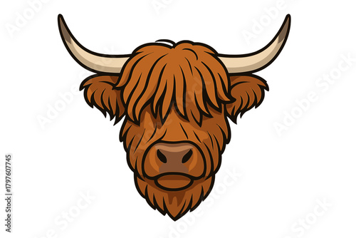 Stylized portrait of a Highland cattle head featuring shaggy hair and large horns