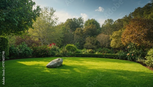 Lush green lawn surrounded ...