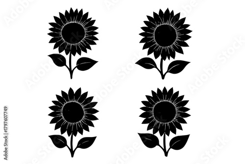 Seamless black and white silhouette pattern of stylized sunflowers with leaves and stems