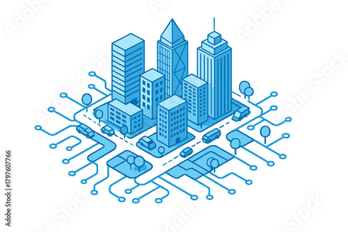 Futuristic isometric city infrastructure connected by glowing electronic network pathways