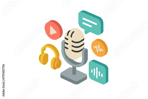Professional microphone surrounded by audio recording and broadcasting icons and sound waves