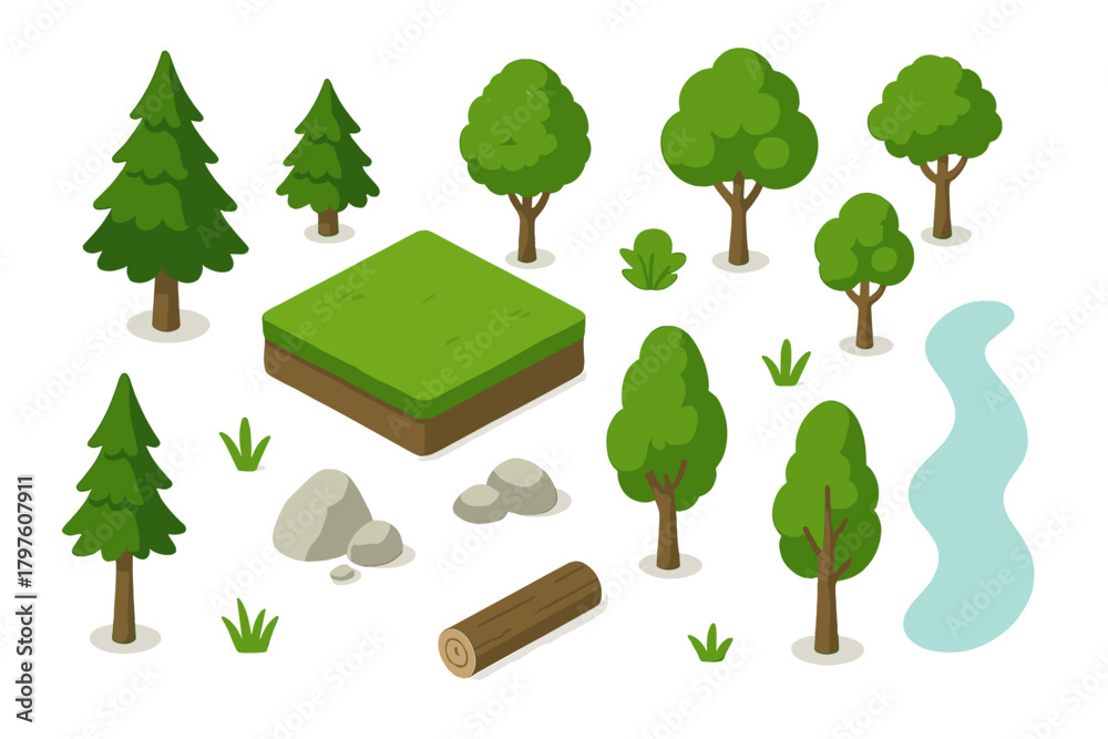 Fototapeta premium Isometric natural landscape elements set featuring trees, rocks, grass, and flowing river