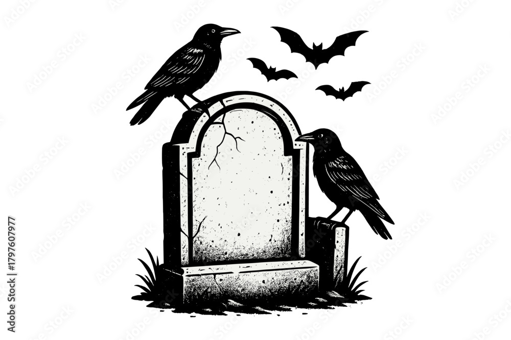 Naklejka premium Two ominous black crows perched on a cracked gravestone with flying bats