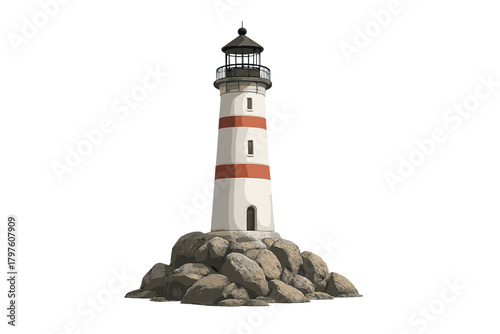 Classic coastal lighthouse standing tall on rugged rocks isolated against a white background