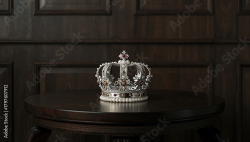 A silver metal crown rests ...