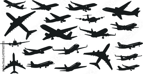 PrintCommercial airplane silhouette collection featuring diverse aircraft in flight, aviation vector design set showing multiple jet planes, transport icons for graphic projects
