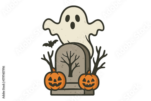 Spooky ghost character floating over a gravestone with carved pumpkins and dead trees for Halloween night