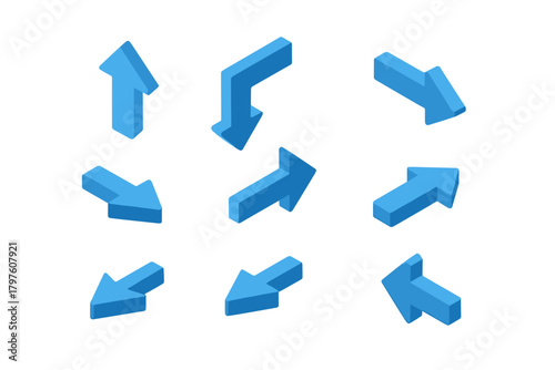 Blue three dimensional isometric arrows pointing in nine different directions
