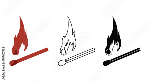 Three matchstick illustrations with fire in color and black and white