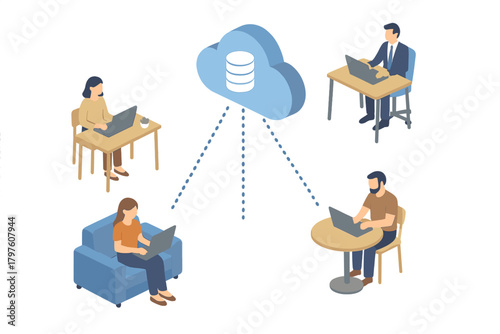 Remote employees accessing shared data securely through a cloud network isometric design