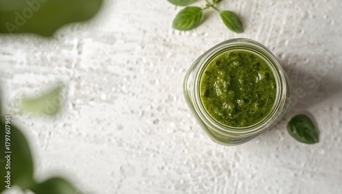 Glass jar filled with pesto...