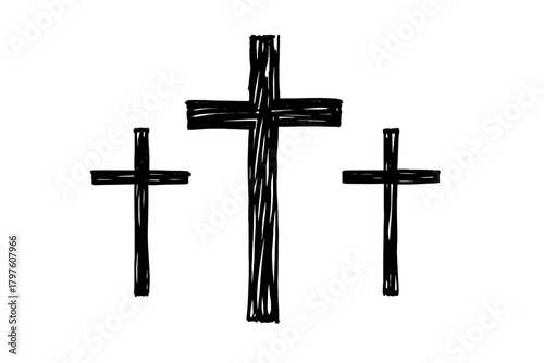 Three crosses religious symbol in sketchy hand drawn style representing Christianity and Easter
