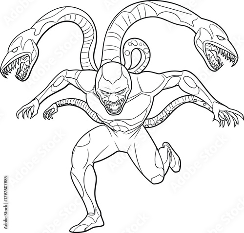 Fearsome hydra headed creature with muscular human like body and sharp teeth
