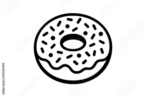 Simple black and white outline of a glazed donut with sprinkles sweet pastry dessert food item