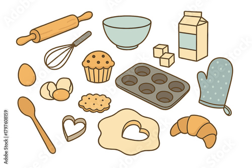 Collection of baking tools, raw ingredients, and sweet pastries including muffins and croissants