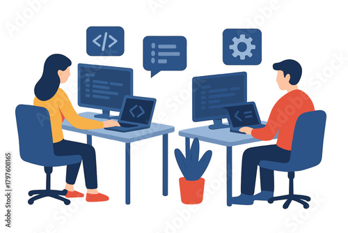 Software development team collaborating on coding projects using laptops and desktop monitors