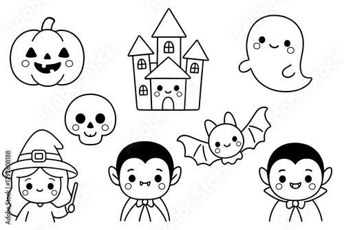 Cute Halloween characters and spooky objects for children's coloring pages