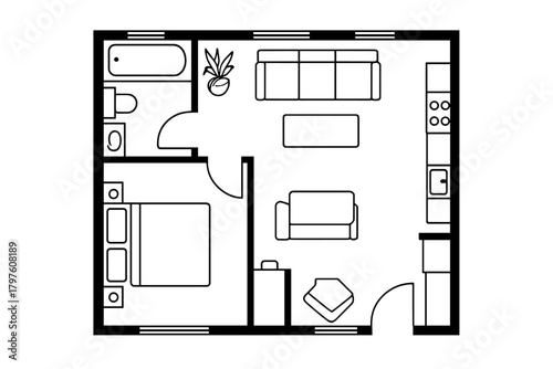Black and white outline of a small apartment floor plan showing furniture arrangement and rooms