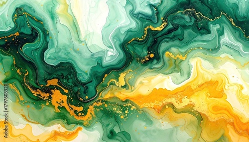 Abstract Emerald Green And Golden Swirls With Glittering Particles Flowing Across A Textured Surface With Marbling Effect