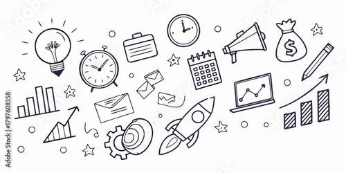 Minimal sketch-style business icons including rocket launch, charts, target, email, clock, pencil, gears, calendar, analytics screen, and paper plane. Clean vector doodle set for startup and workflow 