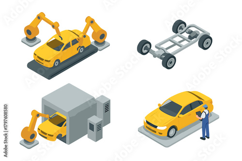 Modern automotive production line with robotic arms assembling car bodies and mechanic inspection