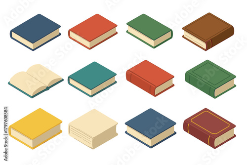 Collection of colorful isometric books representing education and literature concepts