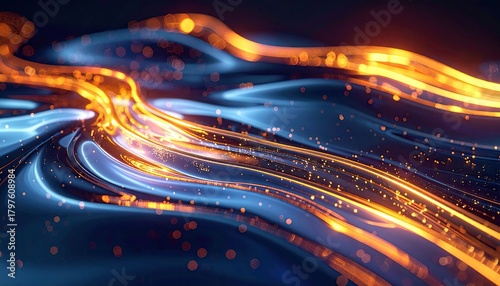 Abstract Futuristic Health Tech Data Flow With Orange Glowing Lines On Blue Wavy Background