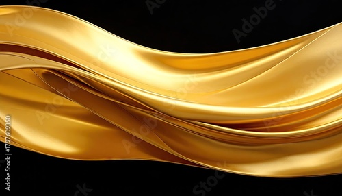 Abstract Golden Silk Fabric Waves With Textured Edges And Shiny Surface Isolated On Black Background