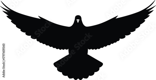 Black silhouette of a dove with wings spread wide in flight pigeon bird