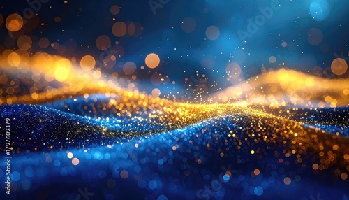Abstract glowing particles forming dynamic waves in a dark blue and orange luminous atmosphere with bokeh effects creating a sense of motion and energy