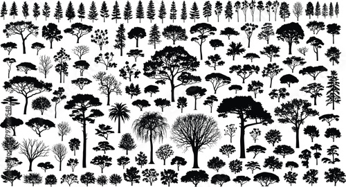 PrintLarge collection of diverse tree silhouettes, botanical forest elements, natural landscape plants, detailed foliage shapes, vector illustration set for design
