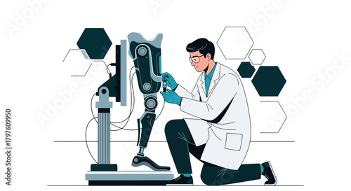 Scientist meticulously working on advanced prosthetic leg technology in laboratory setting
