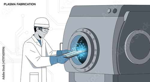 Scientist operating a high-tech plasma fabrication equipment with glowing interface for