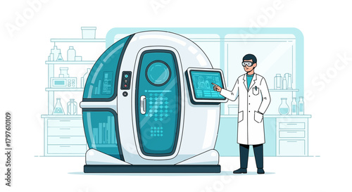 Scientist operating futuristic medical pod with advanced technology for health and wellness research
