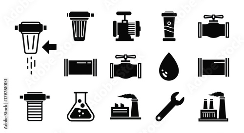 Black and white vector icons representing industrial and water systems