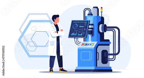 Scientist overseeing technological machine with advanced monitoring for scientific advancements